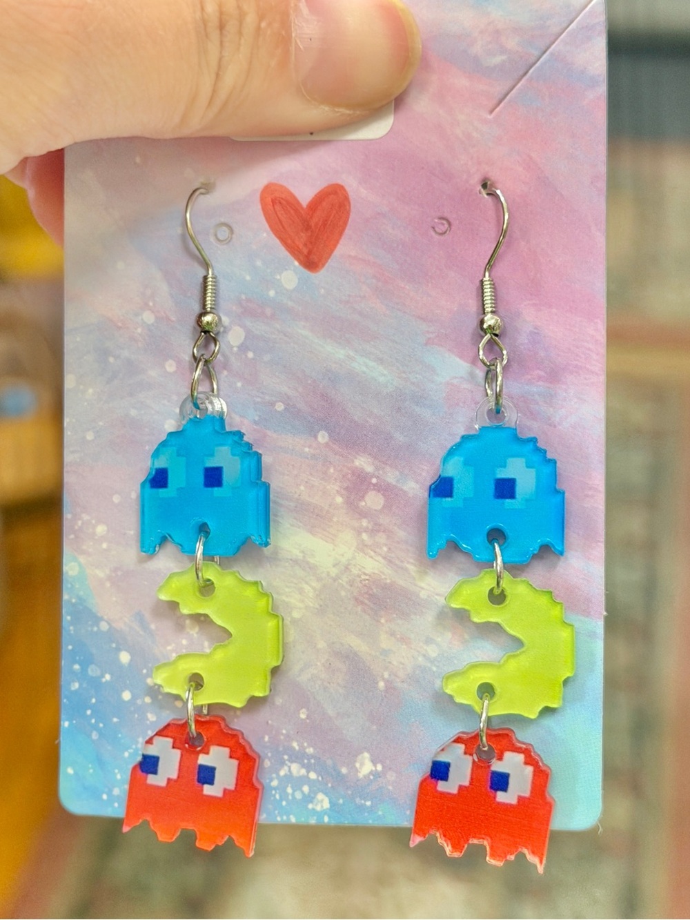 Handmade Pac-Man Earrings Classic Videogame Memorabilia Funky Jewelry Blue Red